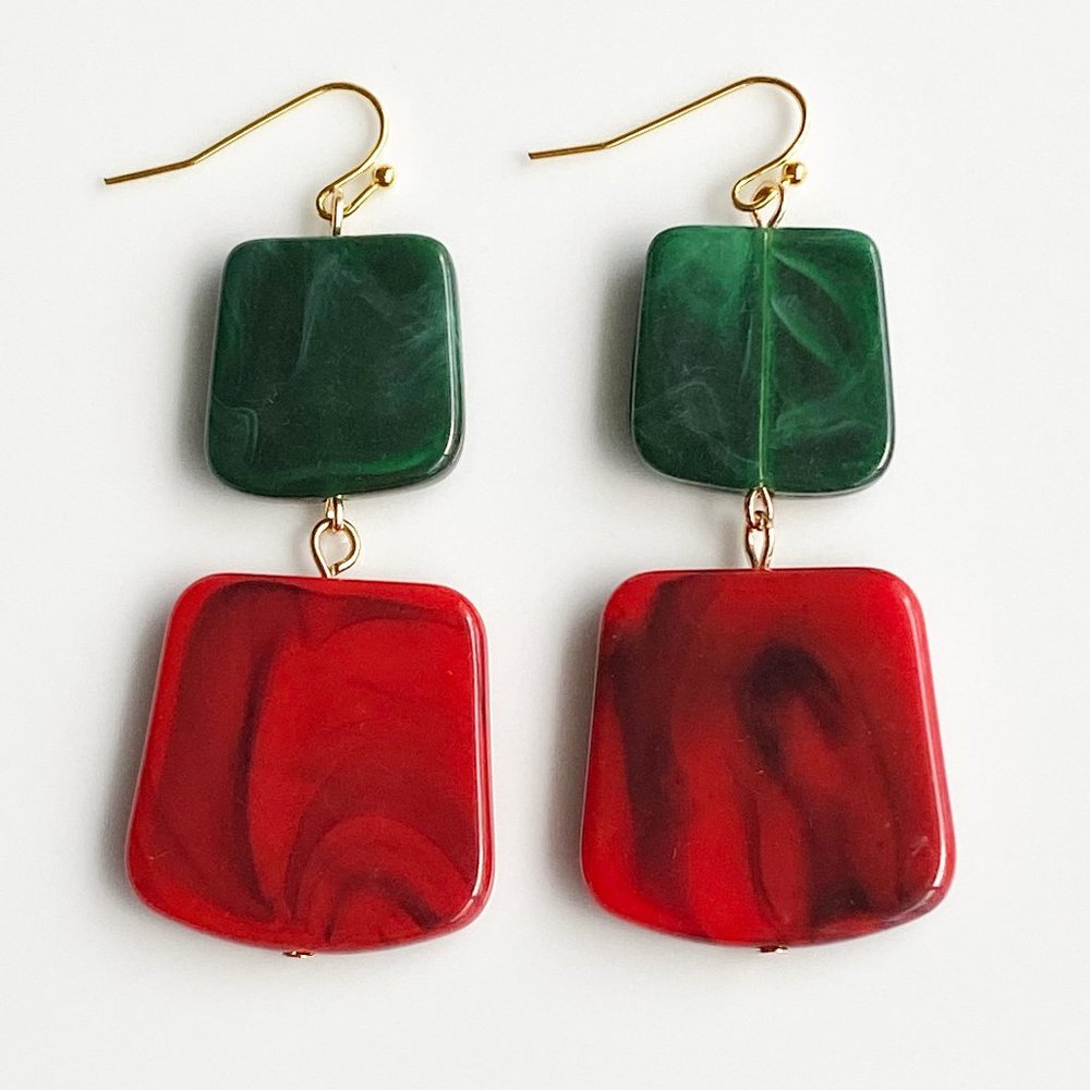 NEW "Temple" Acrylic Square Earrings (red, green)